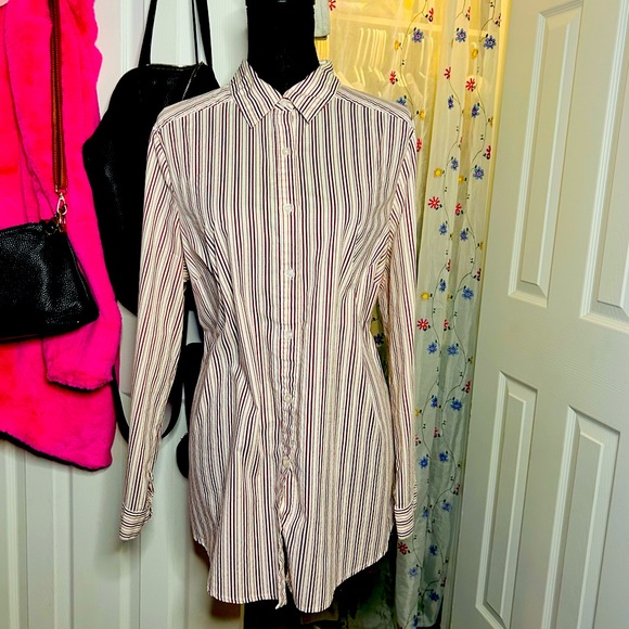 vintage dark academia white & burgundy striped button down long sleeve top - Picture 6 of 6